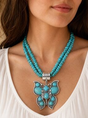 Turquoise Butterfly Pendant Necklace - Women Jewelry